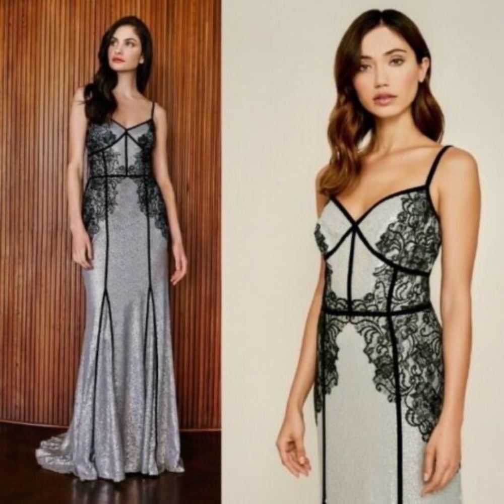 Tadashi Shoji Elegant Silver and Black Lace Sequin Evening Gown Sz 6